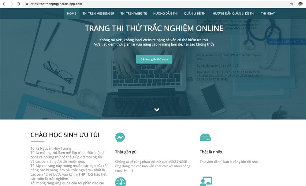 Website thi thử kỳ thi THPT được Tưởng hoàn thành trong 1 tháng. Ảnh: PHAN VINH