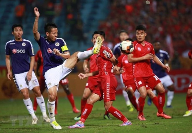 Màn tái ngộ giữa Hải Phòng và Hà Nội FC hứa hẹn sẽ rất nóng. (Ảnh: Trọng Đạt/TTXVN)