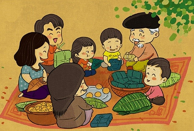 Gia đình quây quần ngày tết (tranh từ internet).