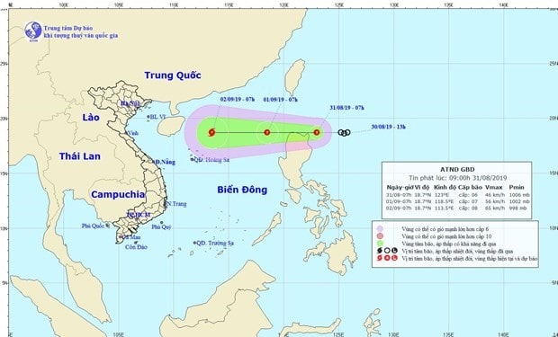 Vị trí và đường đi dự kiến của áp thấp. Ảnh: nchmf.gov.vn