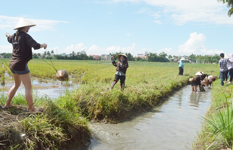 Du khách nước ngoài thử làm các công việc của nông dân tại những điểm du lịch trải nghiệm ở TP. Hội An. Ảnh: N.P