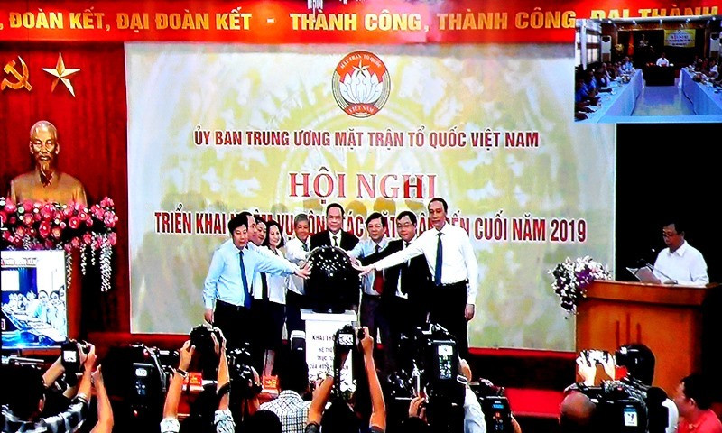 Ủy ban Trung ương MTTQ Việt Nam khai trương hệ thống hội nghị truyền hình trực tuyến (ảnh chụp qua màn hình). Ảnh: VINH ANH