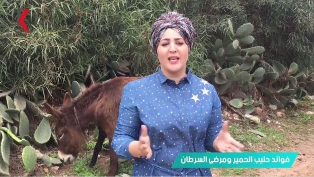 Nói bằng tiếng Ả Rập trên kênh YouTube của mình, Khawla Aissane cho rằng sữa lừa có thể ngăn chặn hoạt động của các tế bào ung thư. Ảnh: YouTube