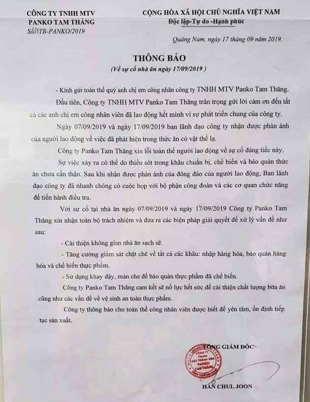 Công ty TNHH MTV Panko Tam Thăng ra văn bản thông báo về sự cố nhà ăn ngày 17.9. Ảnh: D.L