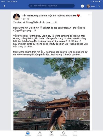 Trần Mai Hương gửi lời xin lỗi trên trang facebook cá nhân.