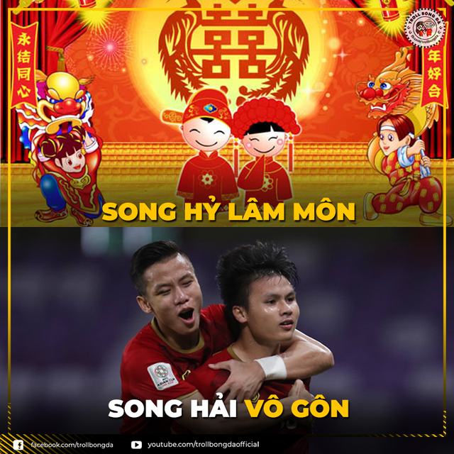 Màn kết hợp hoàn hảo giữa hai cầu thủ tên Hải để mang lại chiến thắng của đội tuyển Việt Nam, khi Ngọc Hải là người kiến tạo và Quang Hải là người dứt điểm ghi bàn (Ảnh: Troll bóng đá)