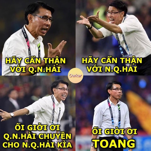 Sự bất lực của huấn luyện viên đội tuyển Malaysia trong việc yêu cầu các cầu thủ kèm chặt Quang Hải (Ảnh: Owker)