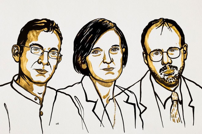 3 nhà khoa học nhận giải Nobel Kinh tế: Abhijit Banerjee (trái), Esther Duflo (giữa) và Michael Kremer.Ảnh: nobelprize.org