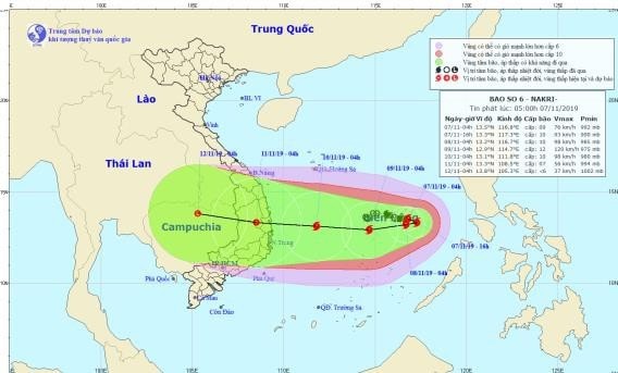 Trung tâm Dự báo khí tượng thủy văn trung ương dự báo đường đi và vùng ảnh hưởng của bão số 6.