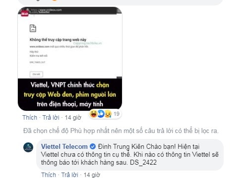 Phản hồi của Viettel Telecom trên mạng xã hội.