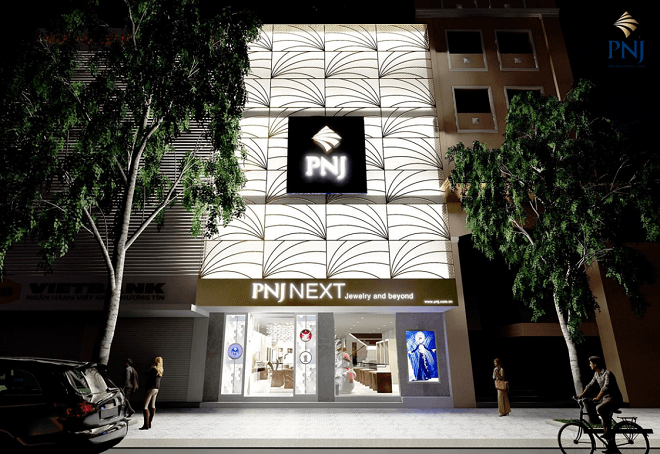 Thiết kế mặt ngoài hiện đại của cửa hàng PNJ Next Đà Nẵng.