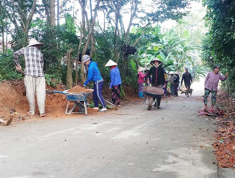 Người dân tổ 1, thôn Tiên Phú Tây (Tiên Mỹ) ra quân dọn vệ sinh môi trường, trồng hoa, cây cảnh dọc tuyến đường giao thông qua khu dân cư. Ảnh: N.H