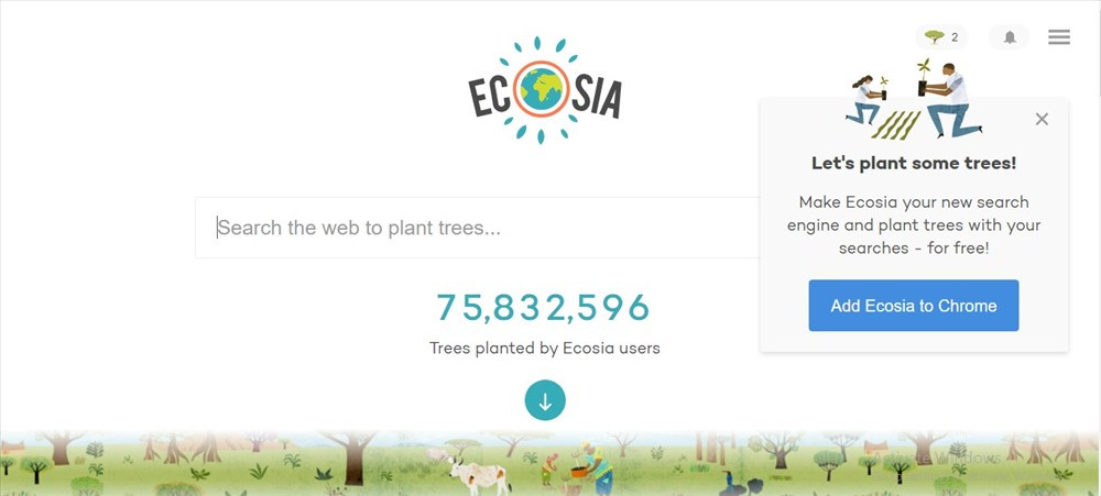 Giao diện web của công cụ tìm kiếm Ecosia.