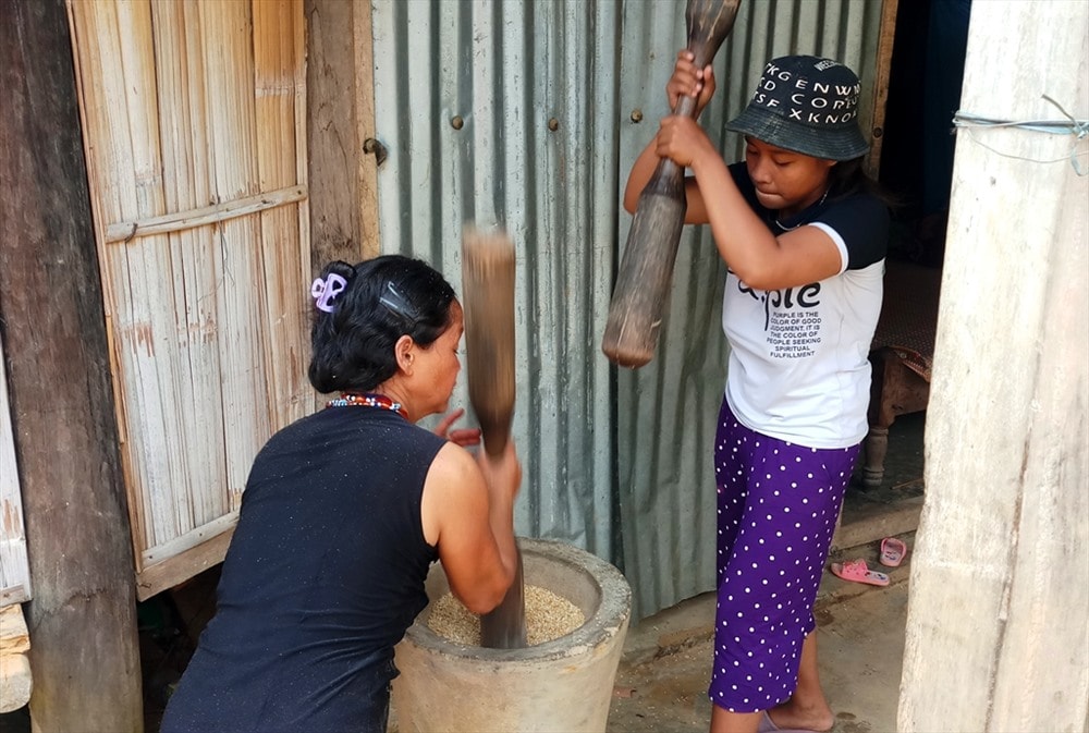 Lúa sau khi phơi khô được mang đi giã, đảm bảo lương thực trong thời gian nghỉ tết. Ảnh: Đ.N