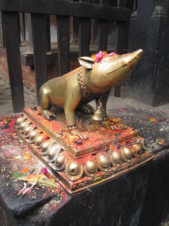 Tượng chú chuột Mushika bằng đồng thờ trong một ngôi đền Ấn Độ giáo.