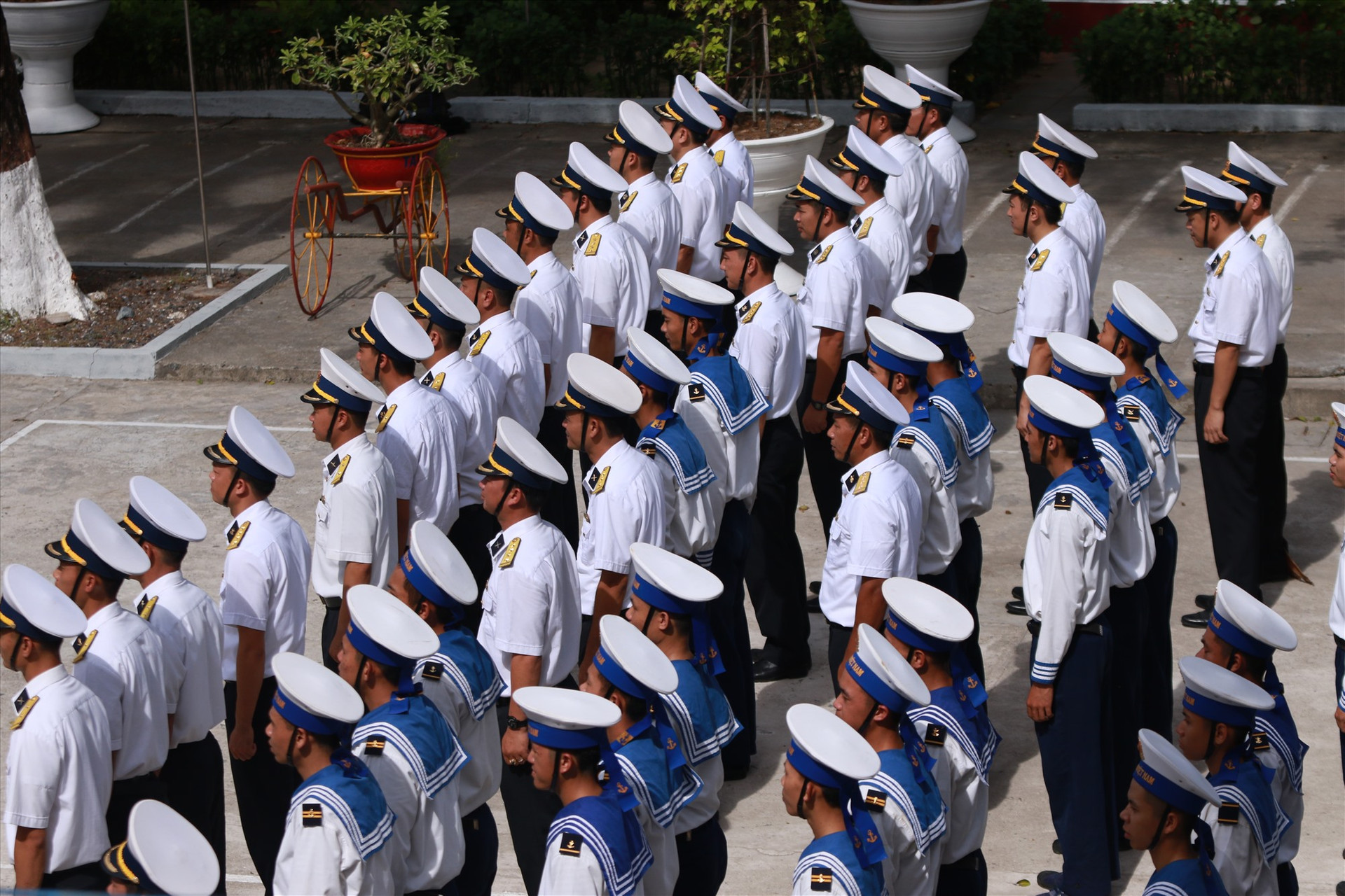 Những người lính trong sắc phục hải quân, đứng nghiêm trang trước lá cờ Tổ quốc. Ảnh: T.C