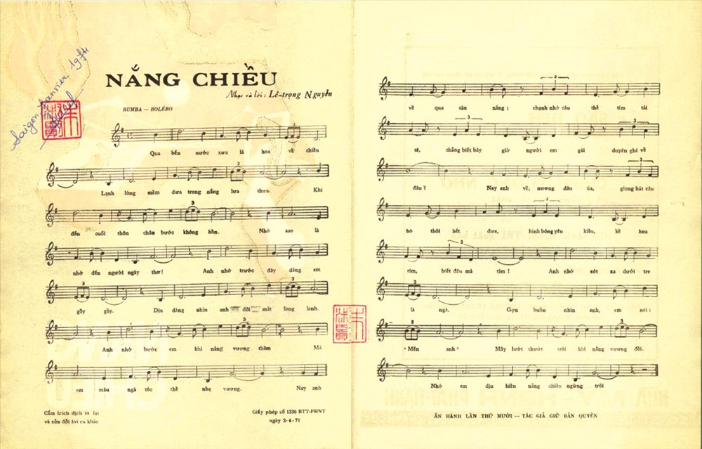 Trang bìa và phổ nhạc của ca khúc Nắng chiều.