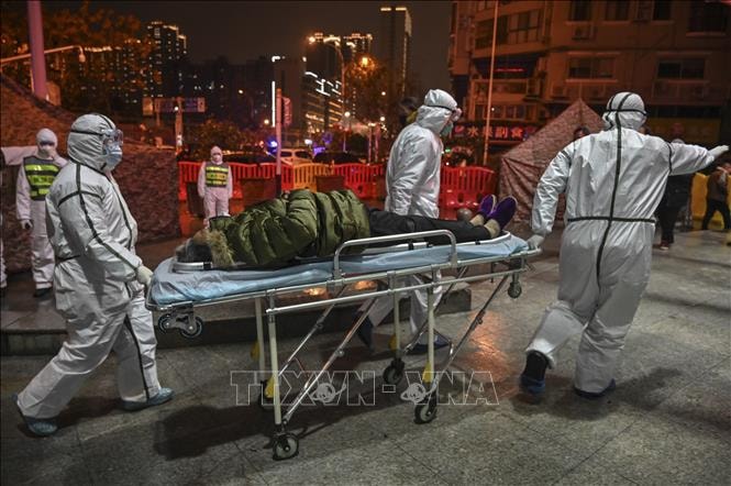 Nhân viên y tế chuyển bệnh nhân nhiễm virus corona gây viêm phổi tới bệnh viện Chữ thập đỏ ở Vũ Hán, tỉnh Hồ Bắc ngày 25-1-2020. Ảnh: AFP/TTXVN