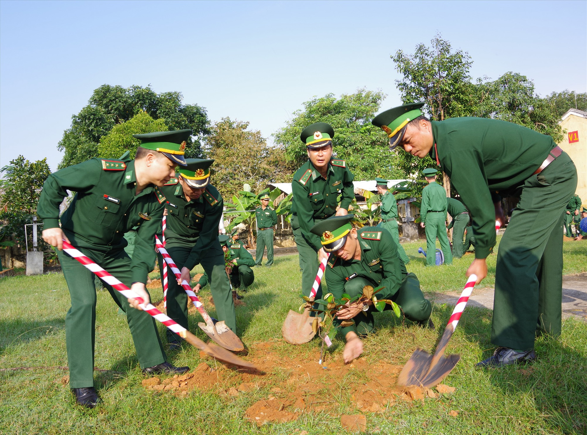 Lãnh đạo Bộ chỉ huy BDDBP tỉnh trồng cây tại khuôn viên Tiểu đoàn huấn luyện - cơ động. Ảnh : HỒNG ANH