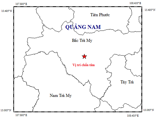Bản đồ tâm chấn động đất 2.8 độ sáng ngày 17.2 tại Bắc Trà My.