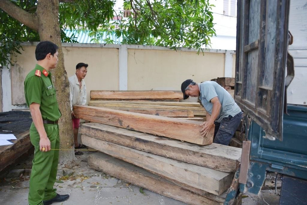 Cơ quan chức năng kiểm đếm số gỗ tang vật. Ảnh: QUỐC HUY
