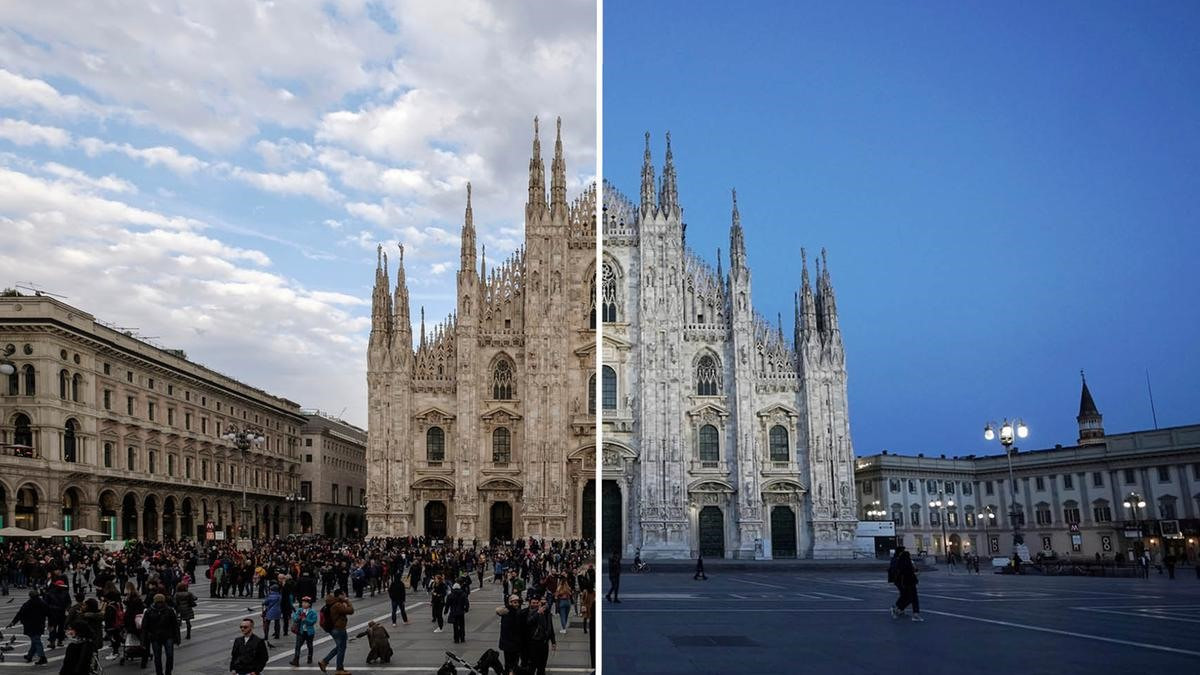 Một điểm đến nổi tiếng ở thành phố Milan, Italia trước và trong mùa Covid-19. Ảnh: Gettyimages