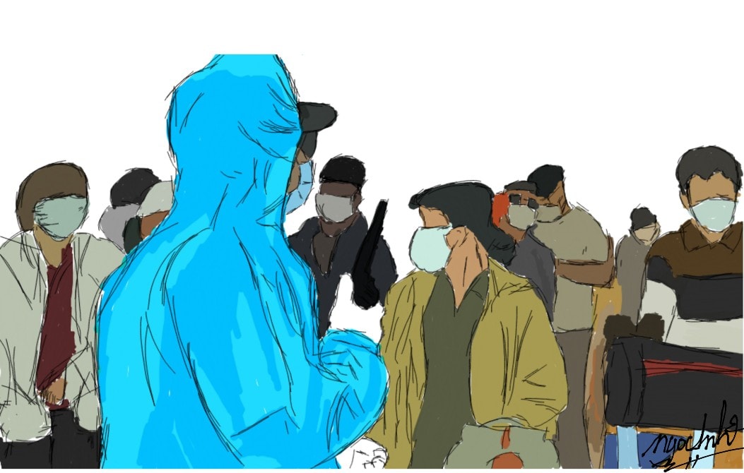 Một cán bộ y tế làm nhiệm vụ đo thân nhiệt. 
