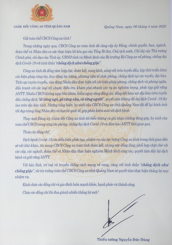 Lá thư của Thiếu tướng Nguyễn Đức Dũng gửi cán bộ chiến sĩ