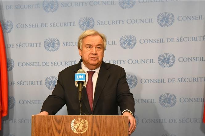 TTK LHQ Antonio Guterres phát biểu trong cuộc họp báo tại New York, Mỹ. Ảnh: THX- TTXVN