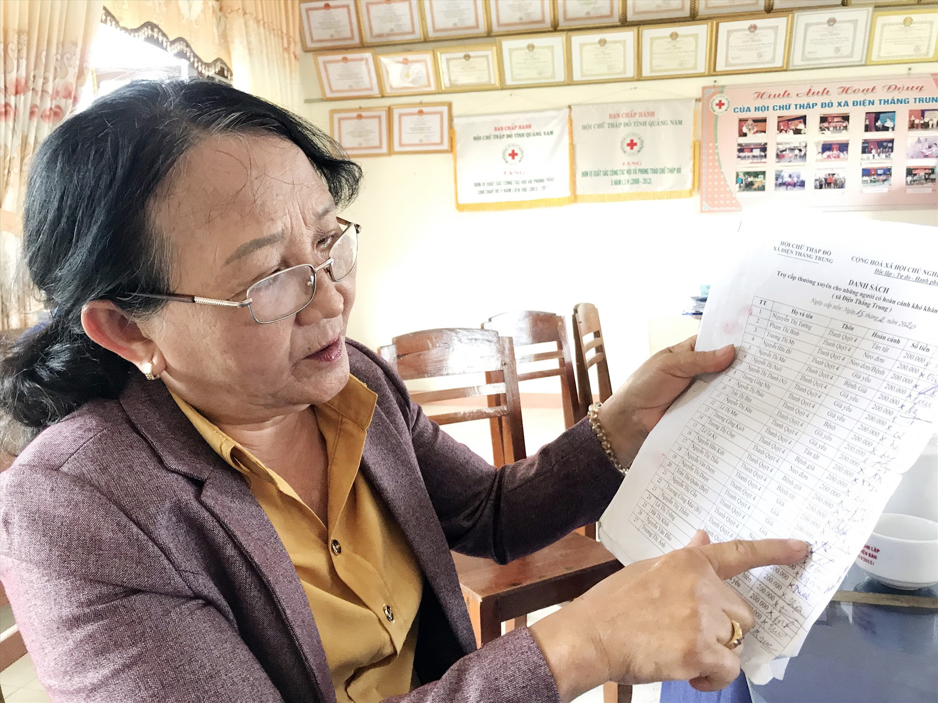 Bà Nguyễn Thị Nhi và danh sách những người nhận trợ cấp hàng tháng do Hội CTĐ xã Điện Thắng Trung làm cầu nối vận động giúp đỡ. Ảnh: VINH ANH