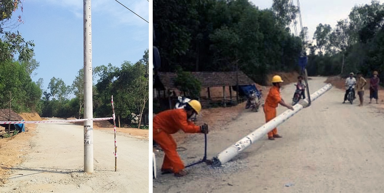 Ngay khi tiếp nhận thông tin trụ điện nằm giữa đường (ảnh trái), Điện lực Thăng Bình đã cử lực lượng di dời trong ngày 15.5 (ảnh phải). Ảnh: G.T