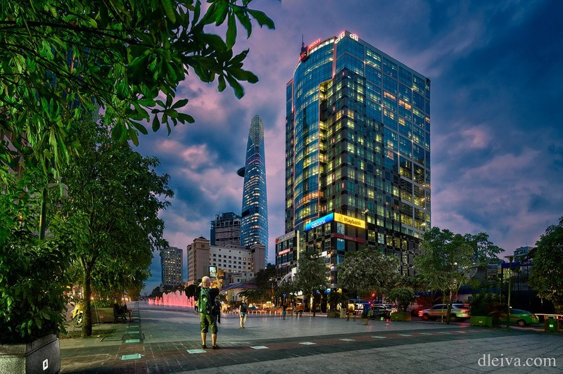 Magnificent buildings from Nguyen Hue walking street in Ho Chi Minh city