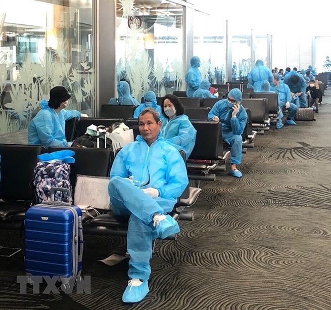 •       Công dân Việt Nam tại New Zealand chờ lên máy bay ở sân bay Auckland để sang Sydney (Australia) đáp chuyến bay của Vietnam Airlines về nước. (Ảnh: TTXVN phát)