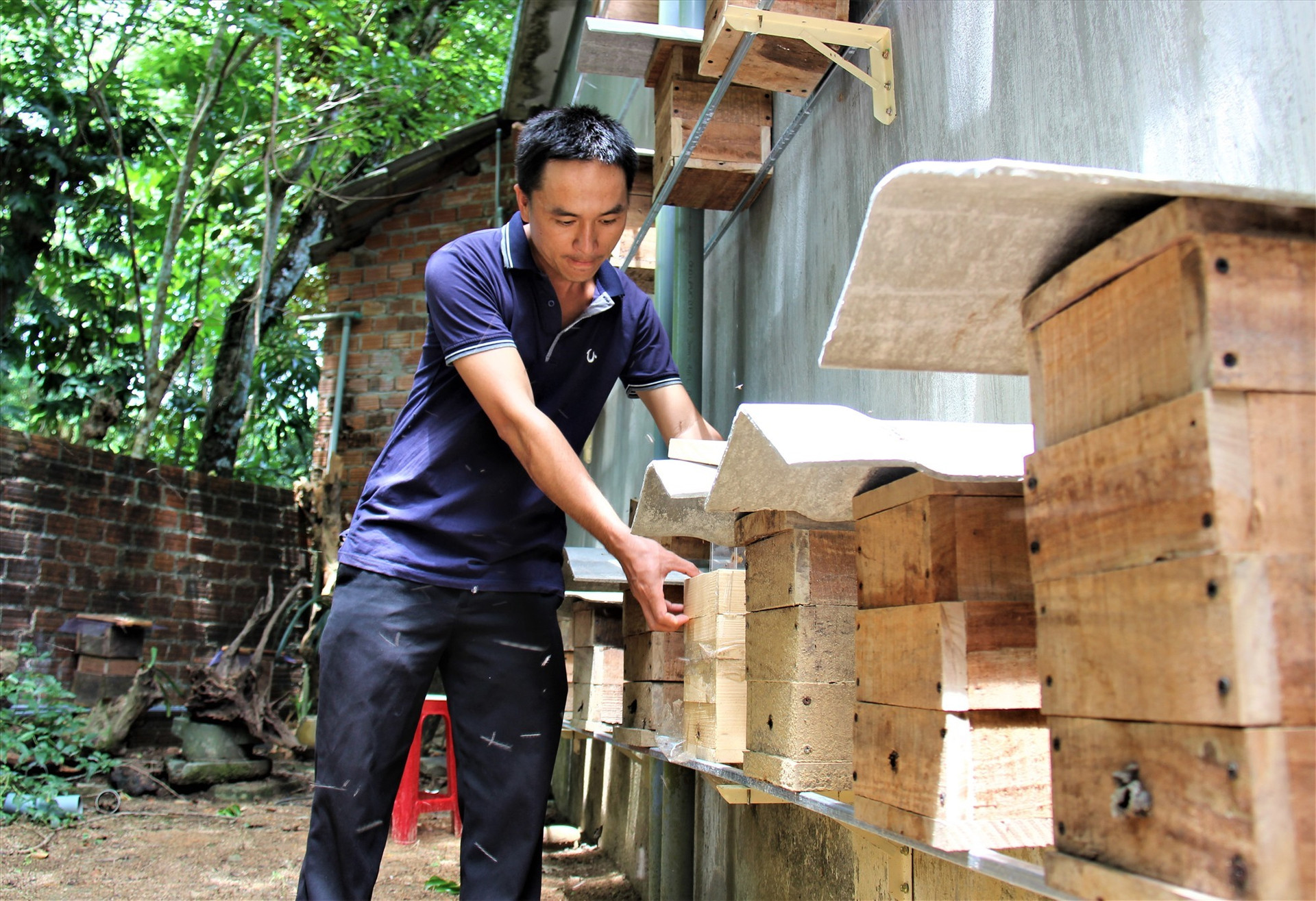 Anh Huỳnh Văn Trưởng chỉnh lại một số thùng ong dú. Ảnh: THANH THẮNG
