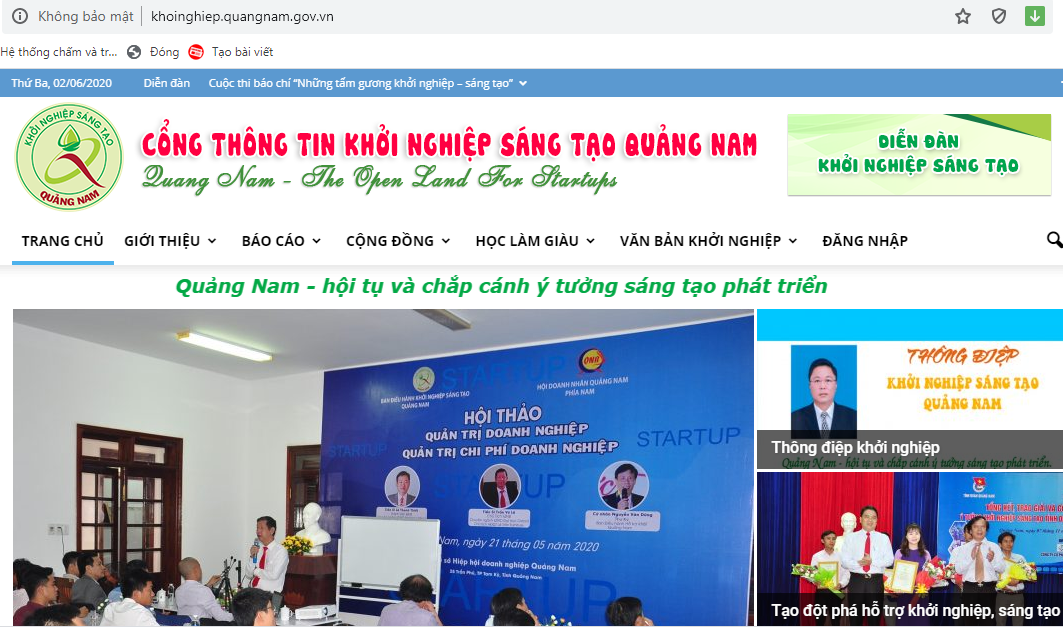 Giao diện website Cổng thông tin Khởi nghiệp đổi mới sáng tạo Quảng Nam. Ảnh chụp màn hình.