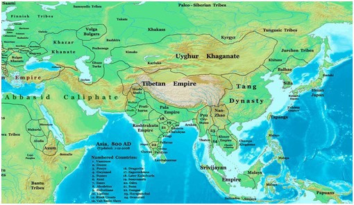 Bản đồ châu Á vào năm 800 bao gồm Vương quốc Chămpa và các nước trong khu vực.