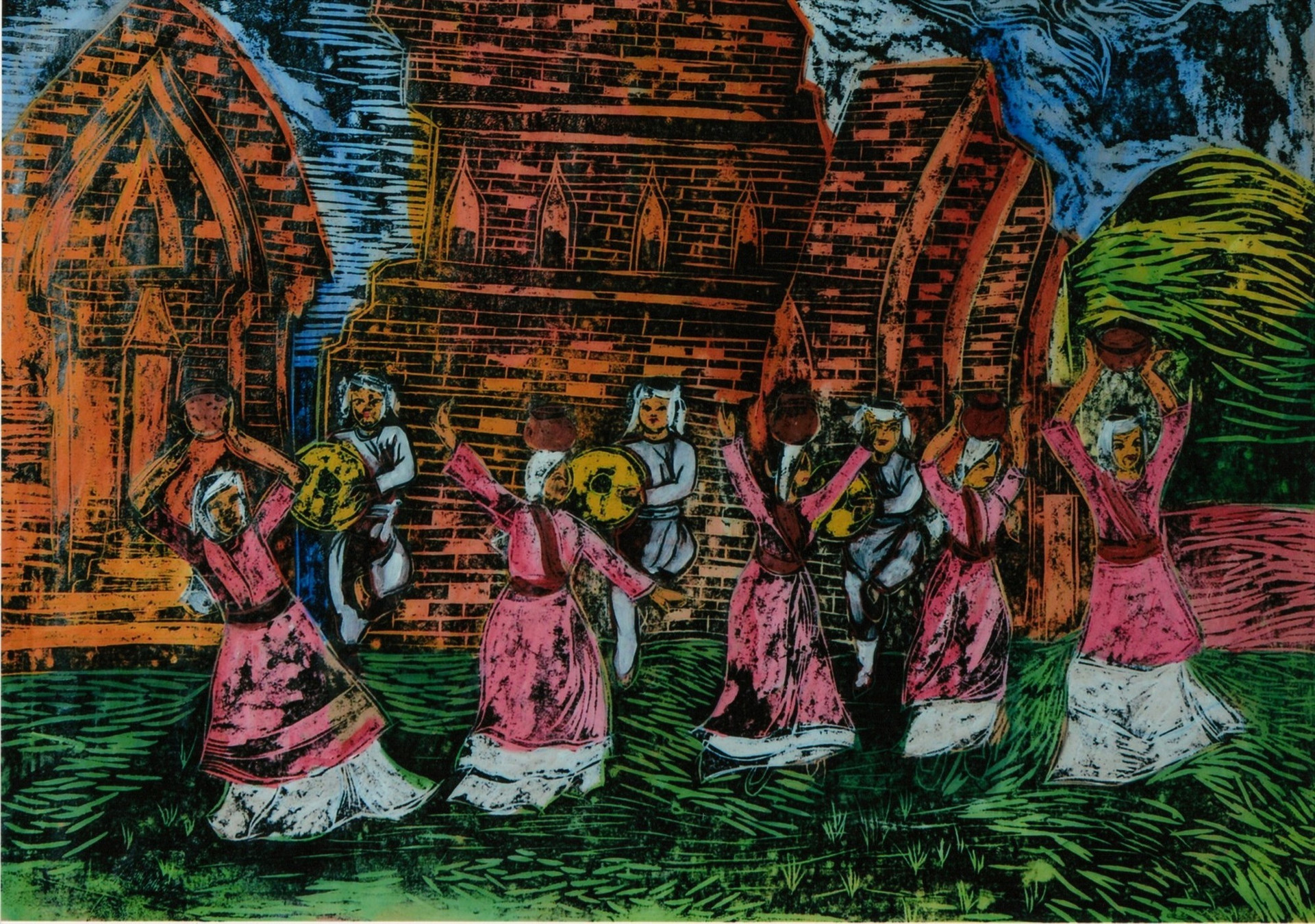 “Nhịp phách bài chòi” (ảnh trên), tranh acrylic của Trần Văn Binh và “Vào hội - 1“, tranh khắc gỗ màu của Ngô Văn Phúc, là hai trong số những tác phẩm của mỹ thuật Quảng Nam được chọn trưng bày tại Triển lãm khu vực năm 2020. Ảnh: VHNT