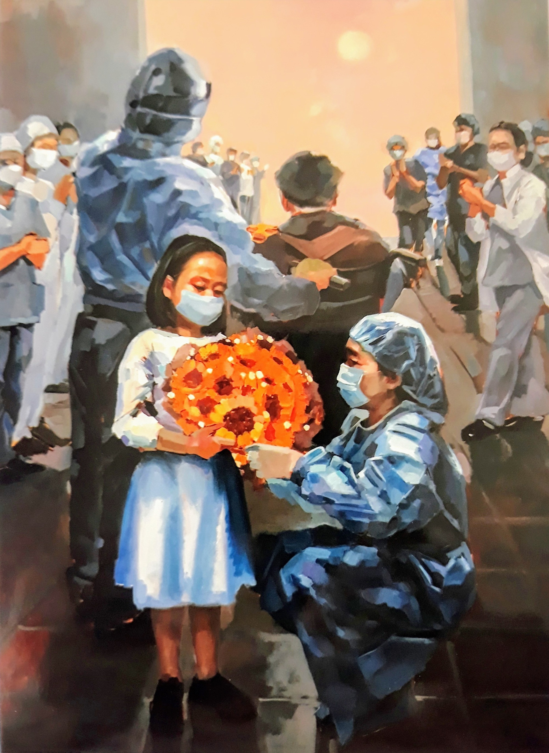 “Những đóa hướng dương”, tranh sơn dầu của Hà Châu, sáng tác trong đợt dịch Covid-19 hồi đầu năm, được chọn trưng bày tại Triển lãm Mỹ thuật Nam miền Trung-Tây Nguyên 2020. Ảnh: T.G
