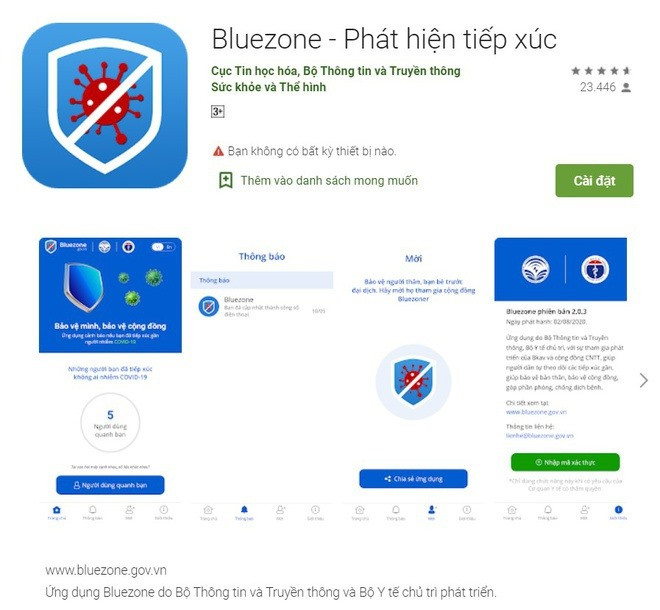 Tại thị trường Việt Nam, Bluezone đang giữ vị trí top 1 ứng dụng miễn phí trên cả 2 bảng xếp hạng App Store và CH Play. Ảnh: Chụp màn hình.
