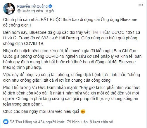 Ảnh chụp màn hình bài chia sẻ của CEO Bkav Nguyễn Tử Quảng trên Facebook sáng sớm nay.