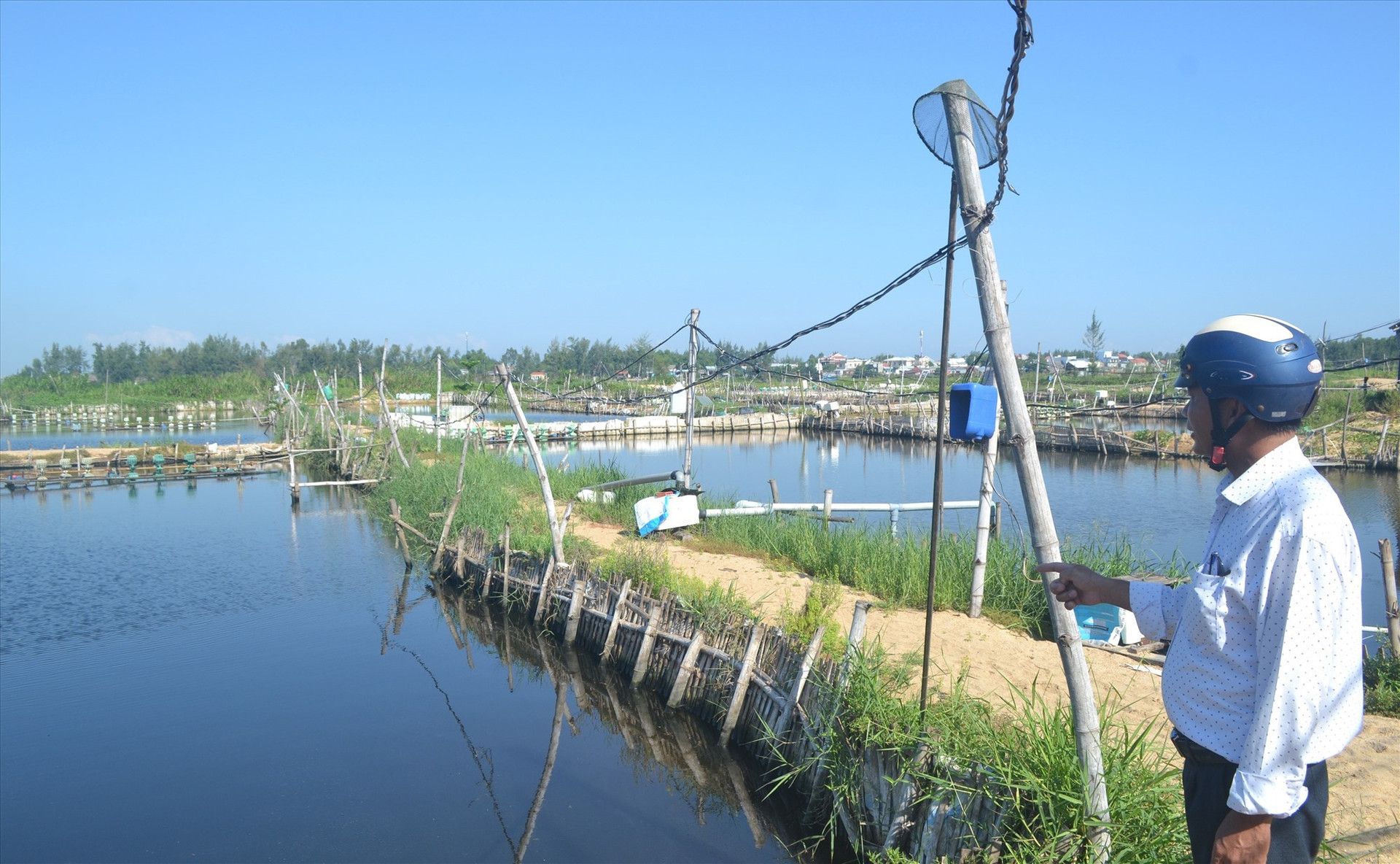 Cán bộ thủy sản của UBND xã Tam Phú (Tam Kỳ) kiểm tra thủy sản nuôi trên địa bàn để ứng phó với bão số 5. Ảnh: VIỆT NGUYỄN