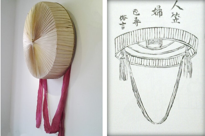 Nón ba tầm cổ có quai thao được phục chế (ảnh trái) và nón ba tầm với hình vẽ có chú thích trong sách Technique du peuple Annamite, Henri Oger, năm 1909. Nguồn: TTVH