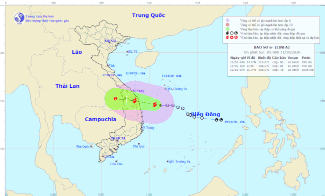 Áp thấp nhiệt đới mạnh thành bão số 6 (LINFA). Ảnh: Trung tâm Dự báo Khí tượng Thủy văn Quốc gia