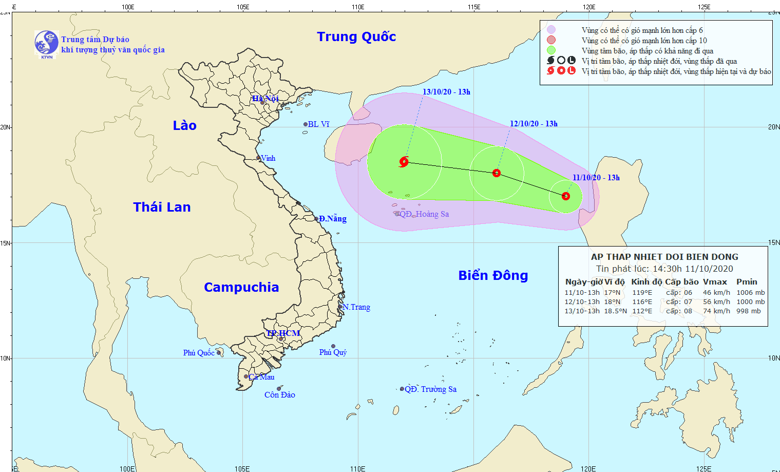Áp thấp nhiệt đới mới hình thành trên Biển Đông. Ảnh: Trung tâm Khí tượng thủy văn Quốc gia