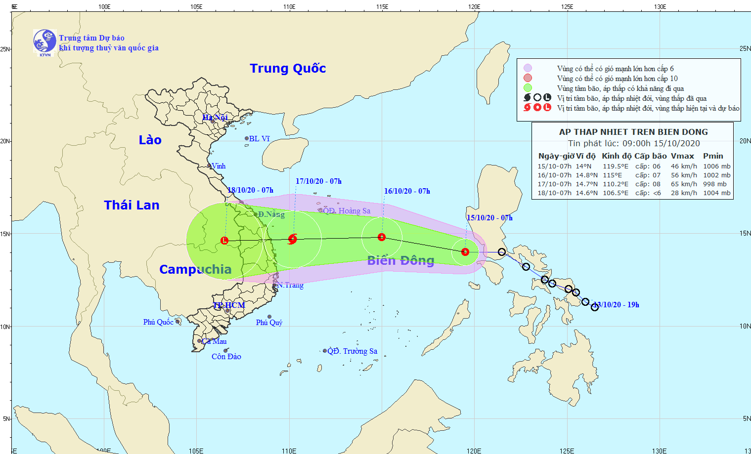 Đường đi của áp thấp nhiệt đới trên Biển Đông. Ảnh: Nguồn Trung tâm KTTV Quảng Nam