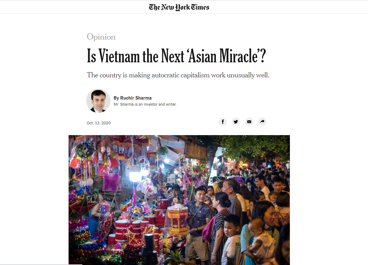 Bài viết về tăng trưởng kinh tế của Việt Nam của tác giả Ruchir Sharma trên tờ New York Times.