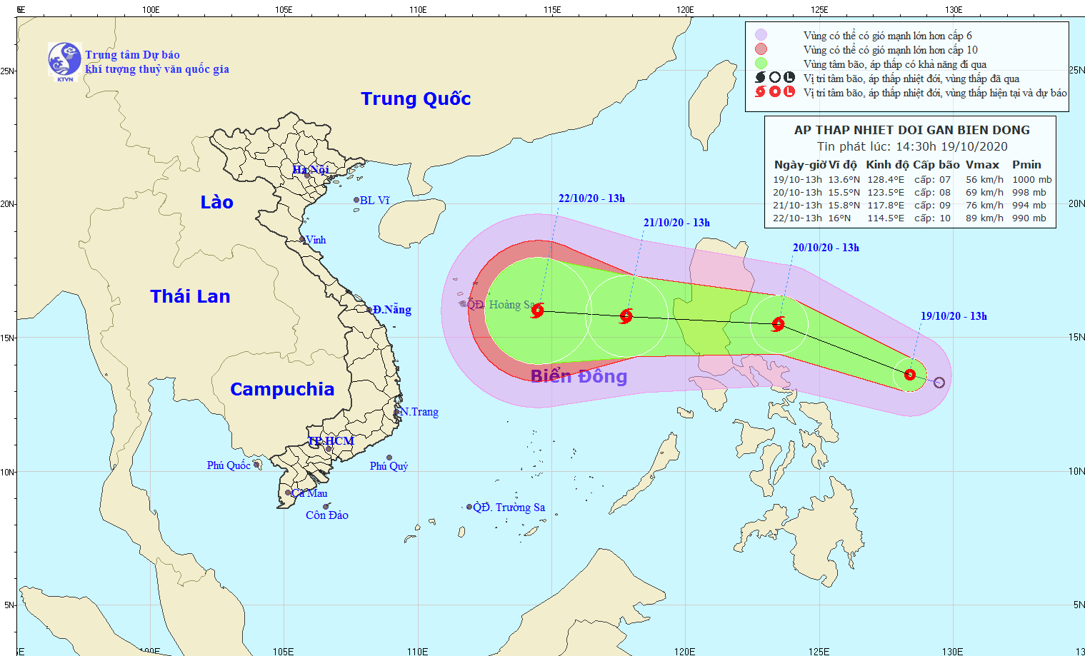 Hướng đi của áp thấp nhiệt đới trên Biển Đông. Ảnh: Trung tâm Dự báo KTTV Quốc gia