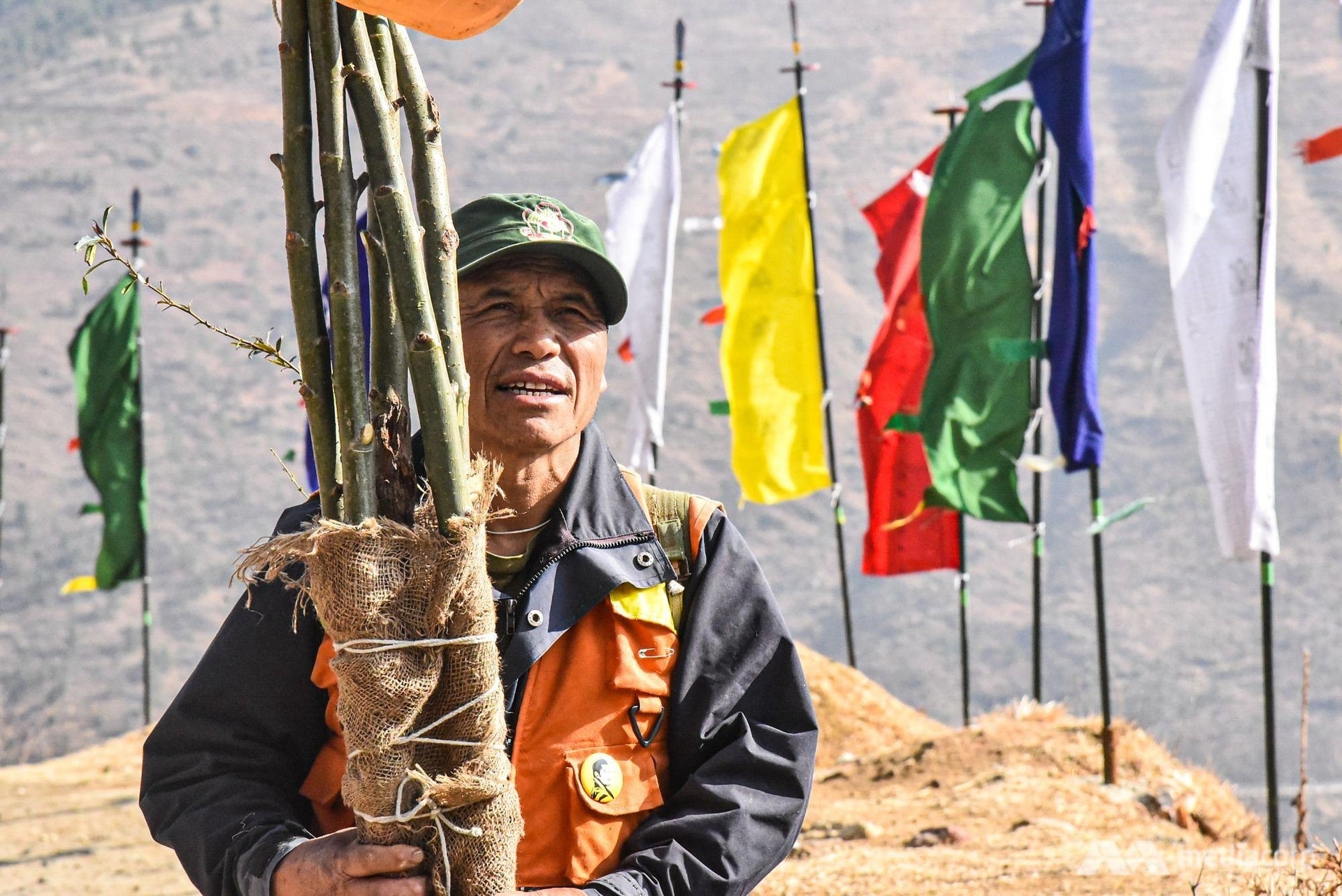 Ông Sonam Phuntsho bắt đầu một ngày mới bằng việc trồng cây trên đồi. Ảnh: channelnewasia