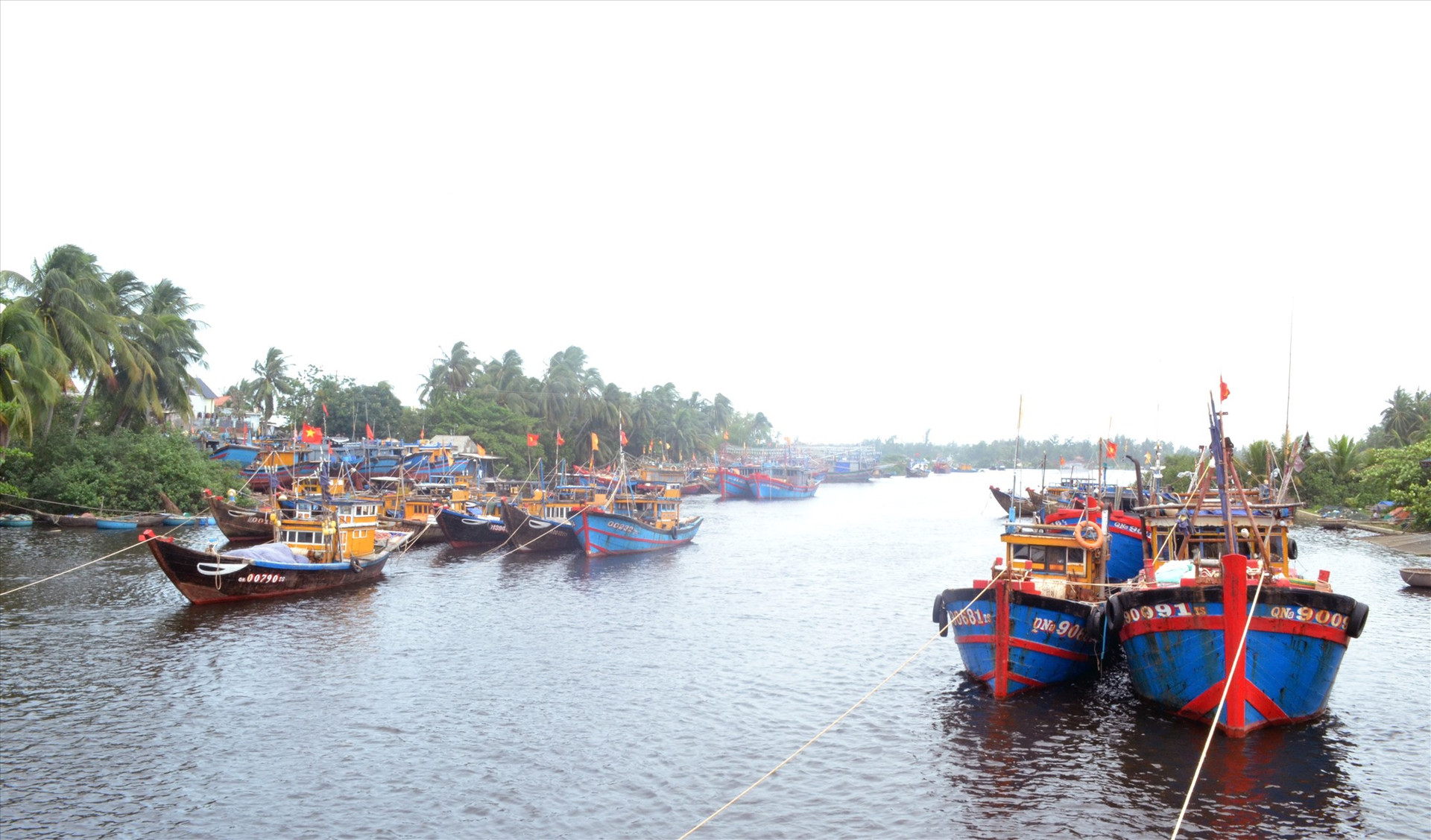 Ngư dân neo đậu tàu cá dọc sông Trường Giang, không đảm bảo an toàn trong mùa mưa bão. Ảnh: VIỆT NGUYỄN