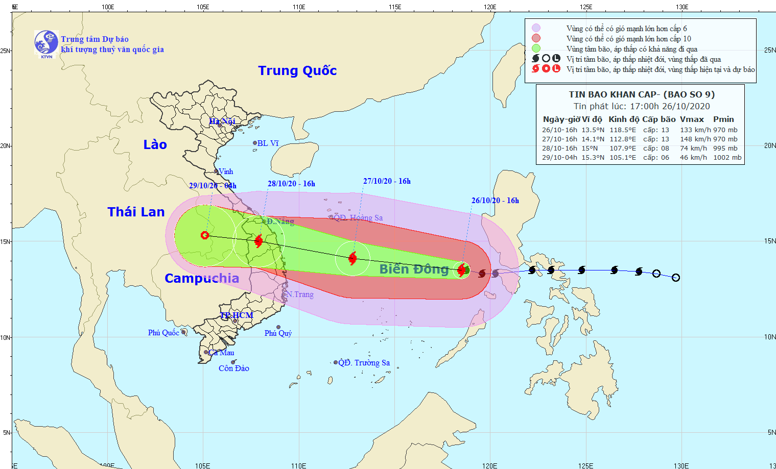 Vị trí của bão số 9 lúc 16 giờ ngày 26.10. Ảnh: nchmf.gov.vn